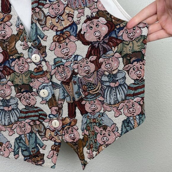 Vtg Facets By Mirrors Men's Medium Pig Print Tapestry Vest Quirky Piggy Button - Picture 6 of 16